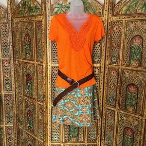 3Pieces- Get the Whole Look! Aqua and Orange Flair Skirt, Tee and Belt